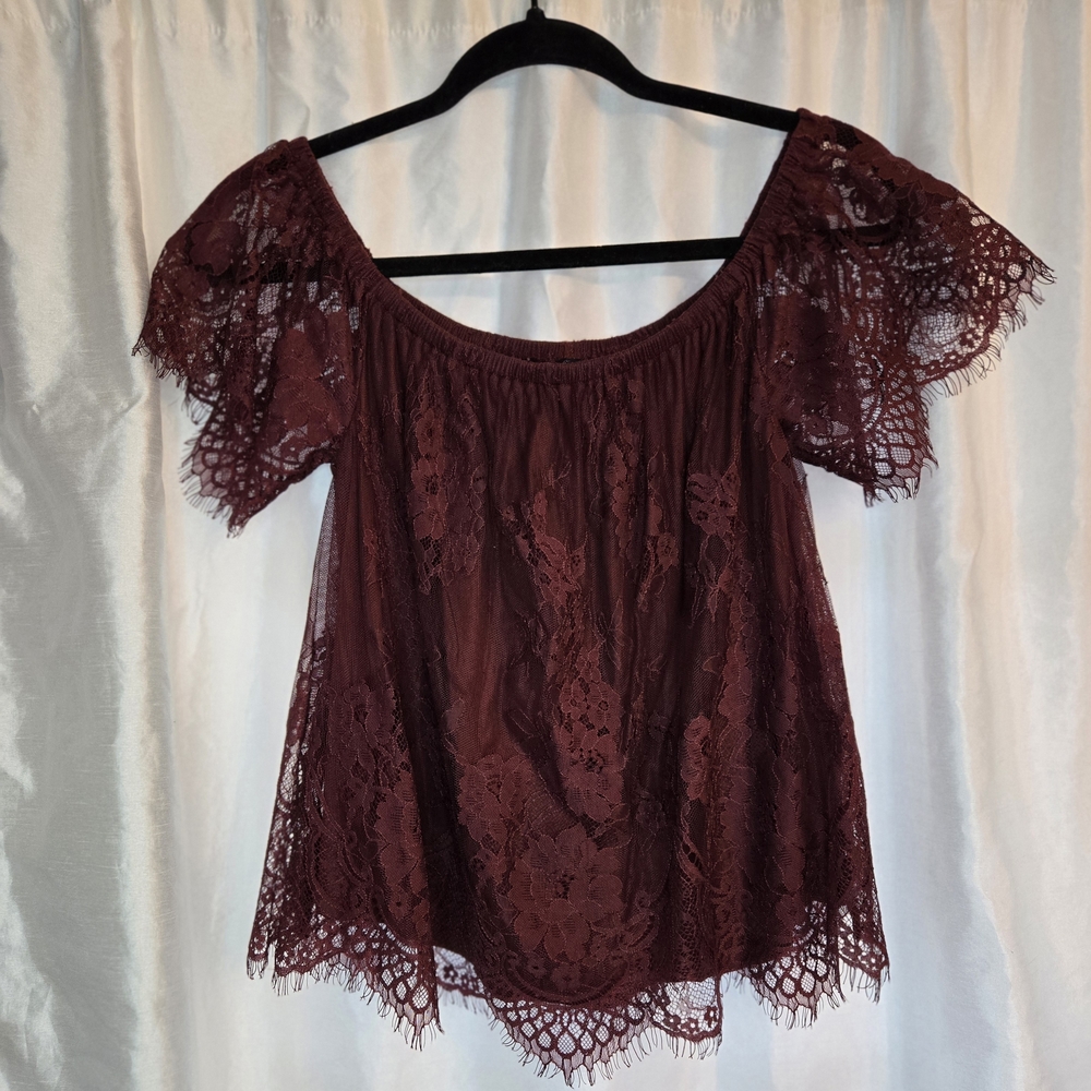 American Eagle Outfitters Lace Off-Shoulder Top - Dark Red